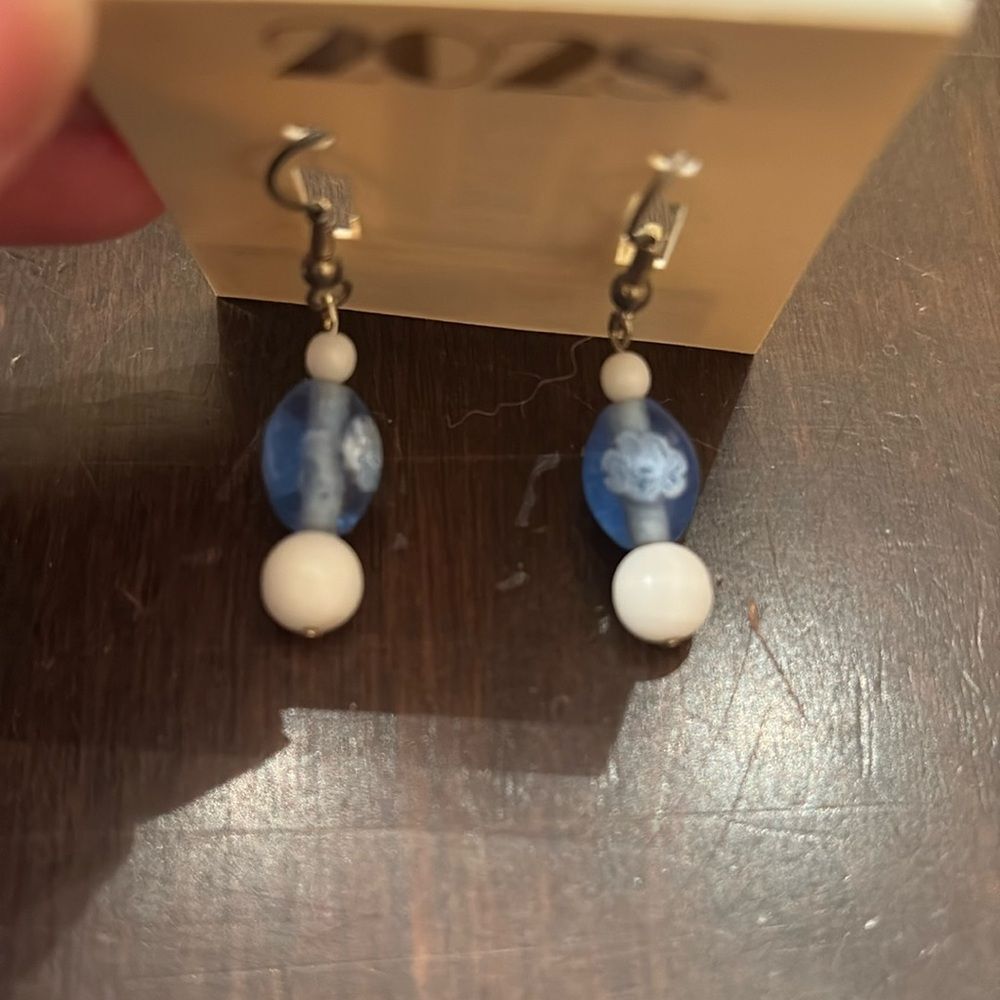 2028 Blue white glass dangle earrings